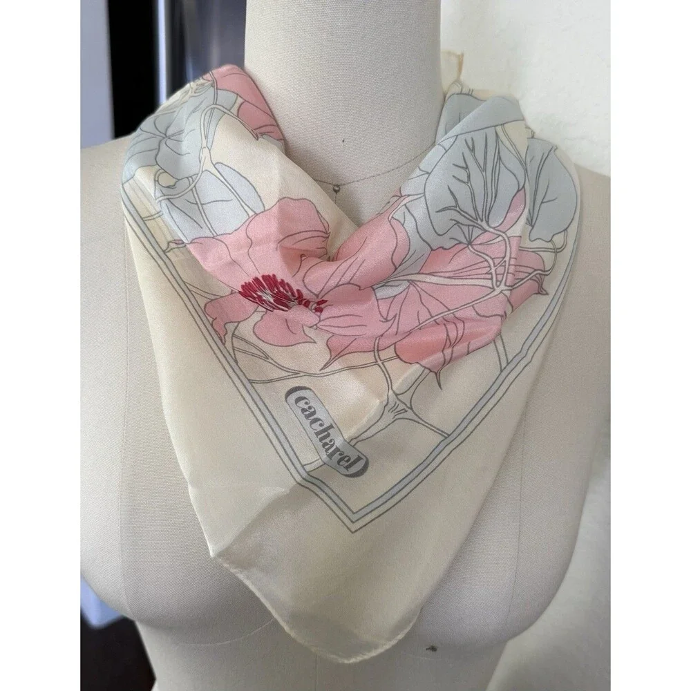 Vintage Cacharel Silk Floral Scarf ”Pastels Colors Hand Rolled